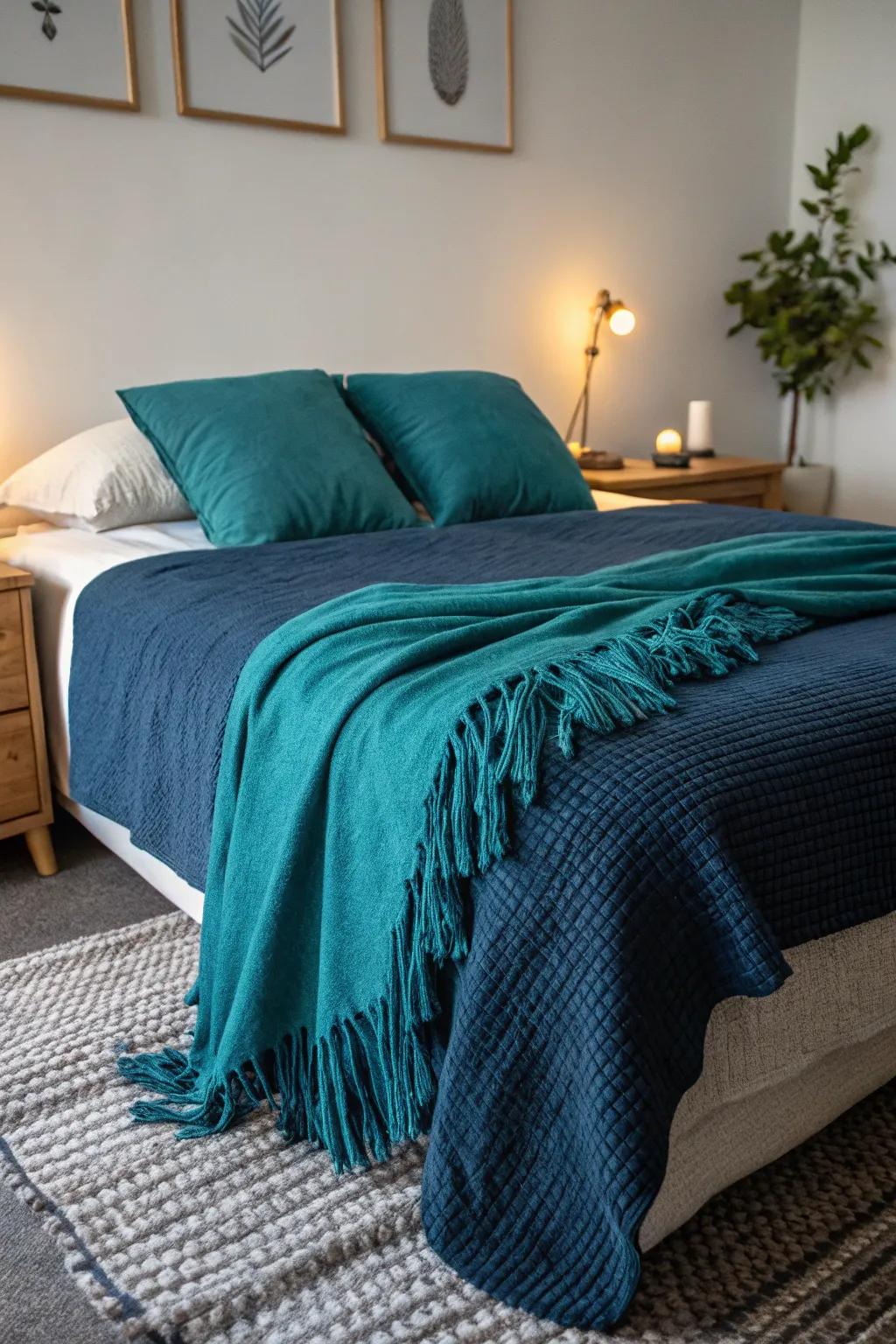 Aqua throws append warmth and color, perfect for layering.