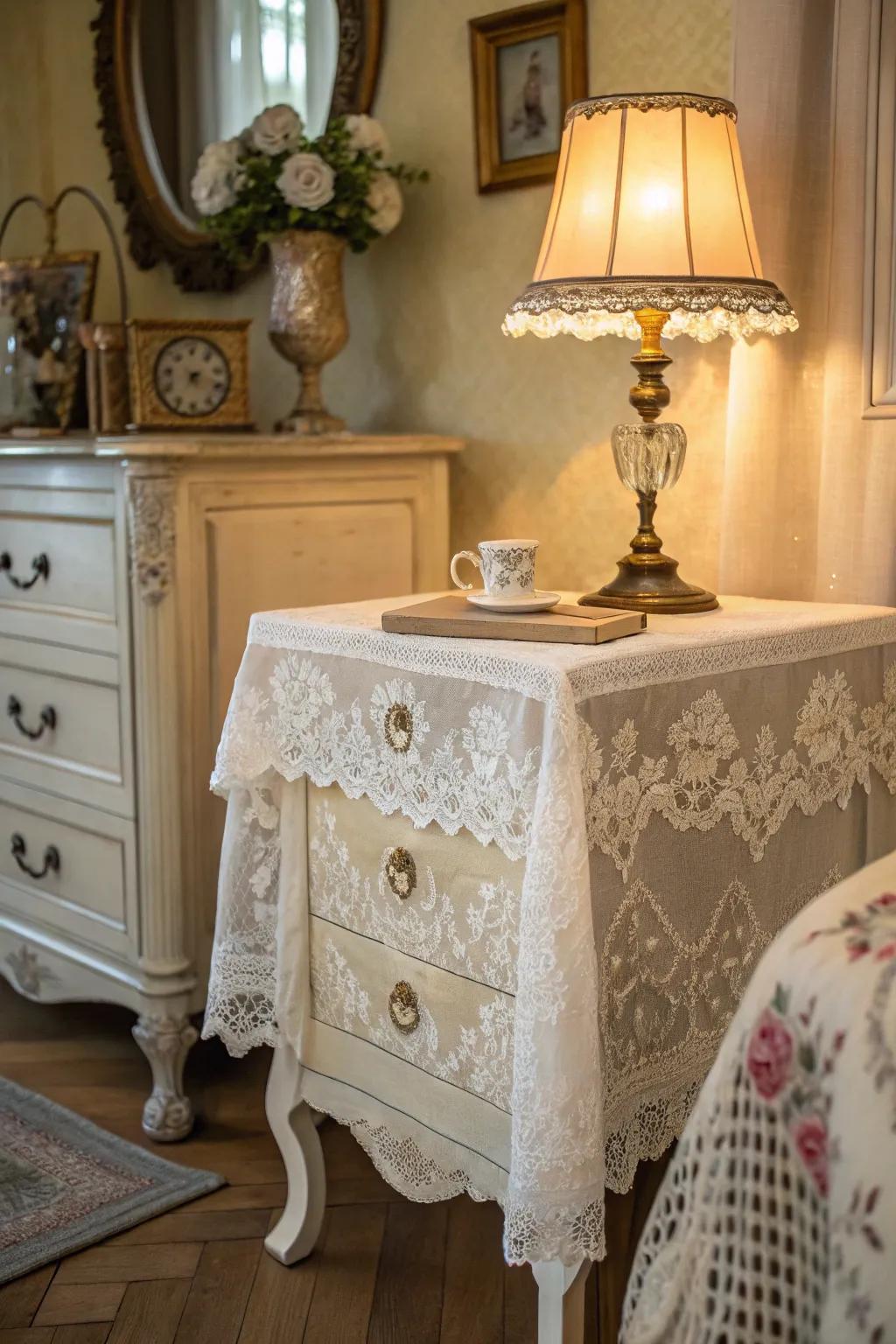 Lace covers offer a delicate, vintage charm.