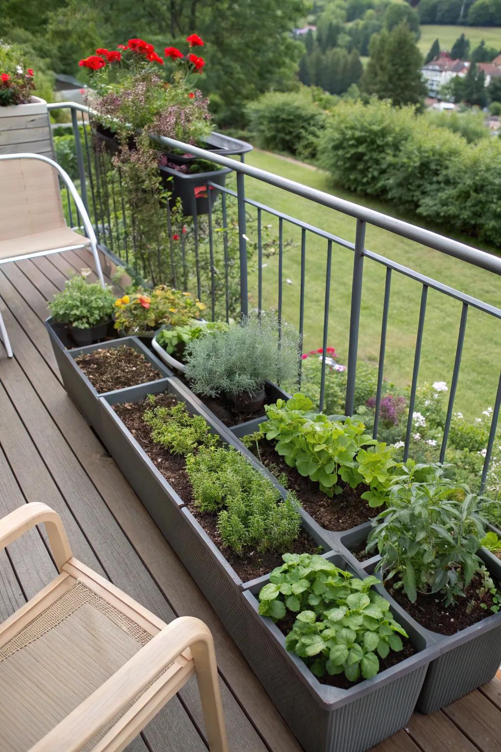 Simple gardening using self-hydrating containers on a sunny deck.