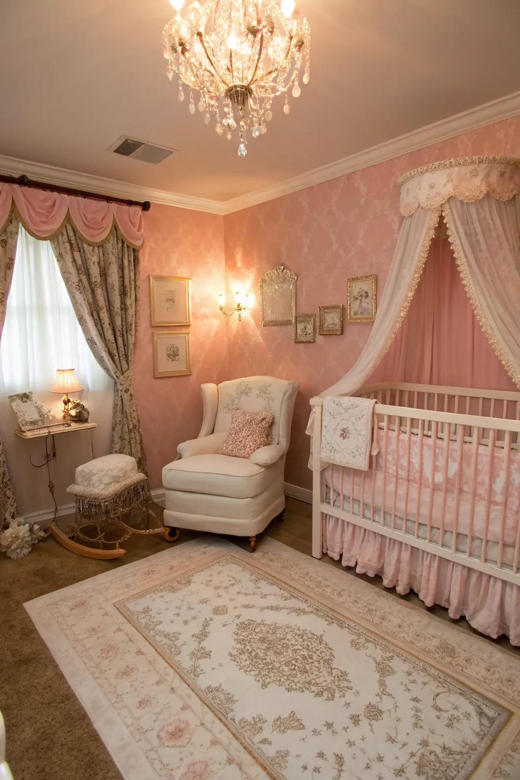 A chic nursery featuring sultry rose pink walls.
