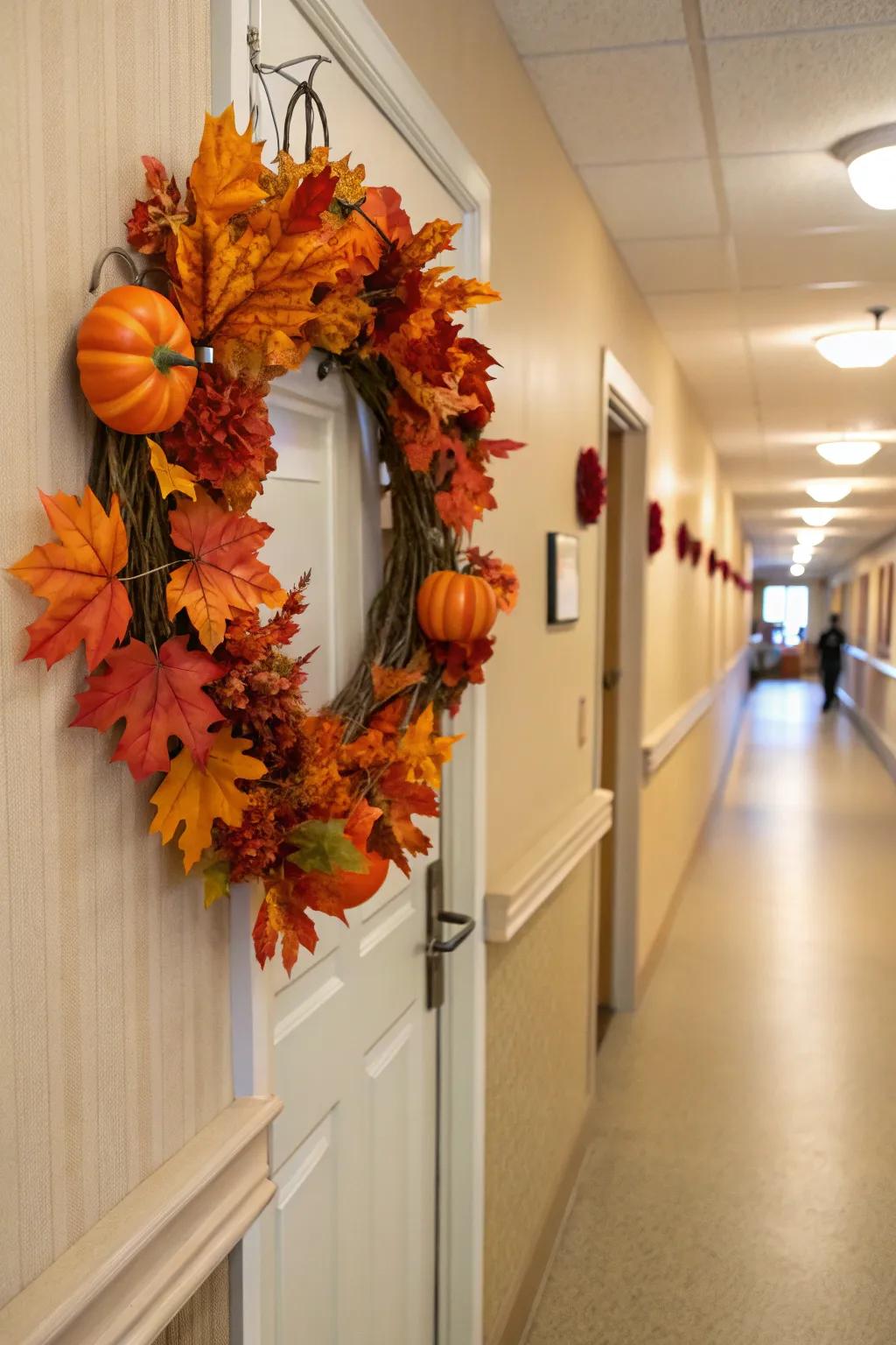 A pumpkin garland offers a friendly, festive greeting.
