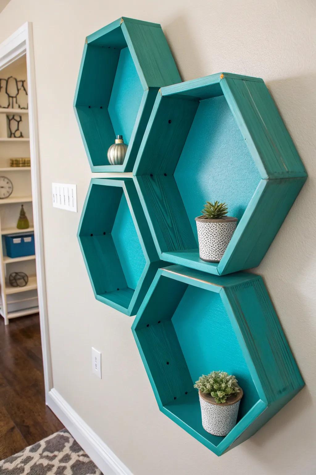 Vibrant interiors add a pop of color to octagon shelves.