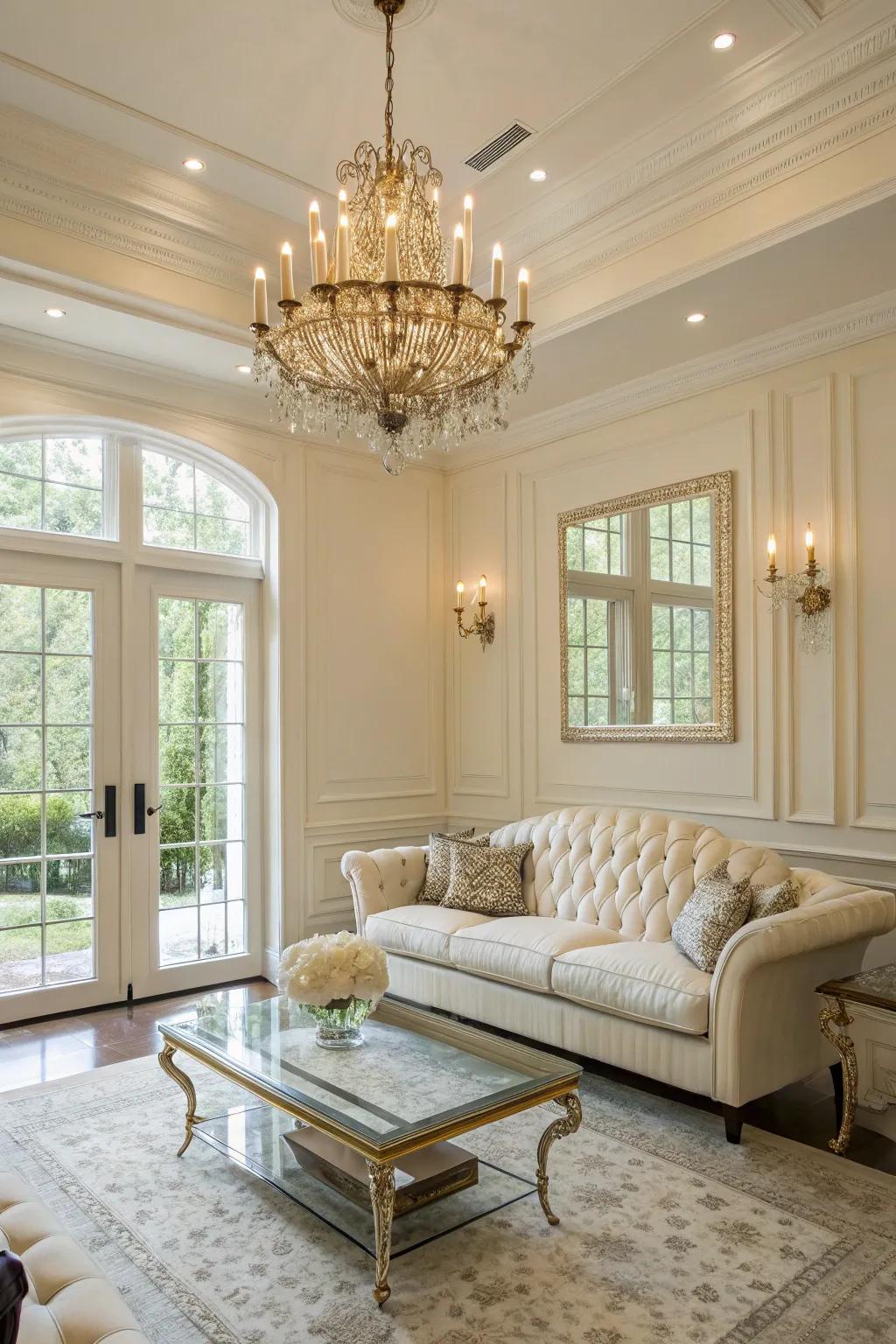 Refined lighting establishes the atmosphere in an off-white living space.