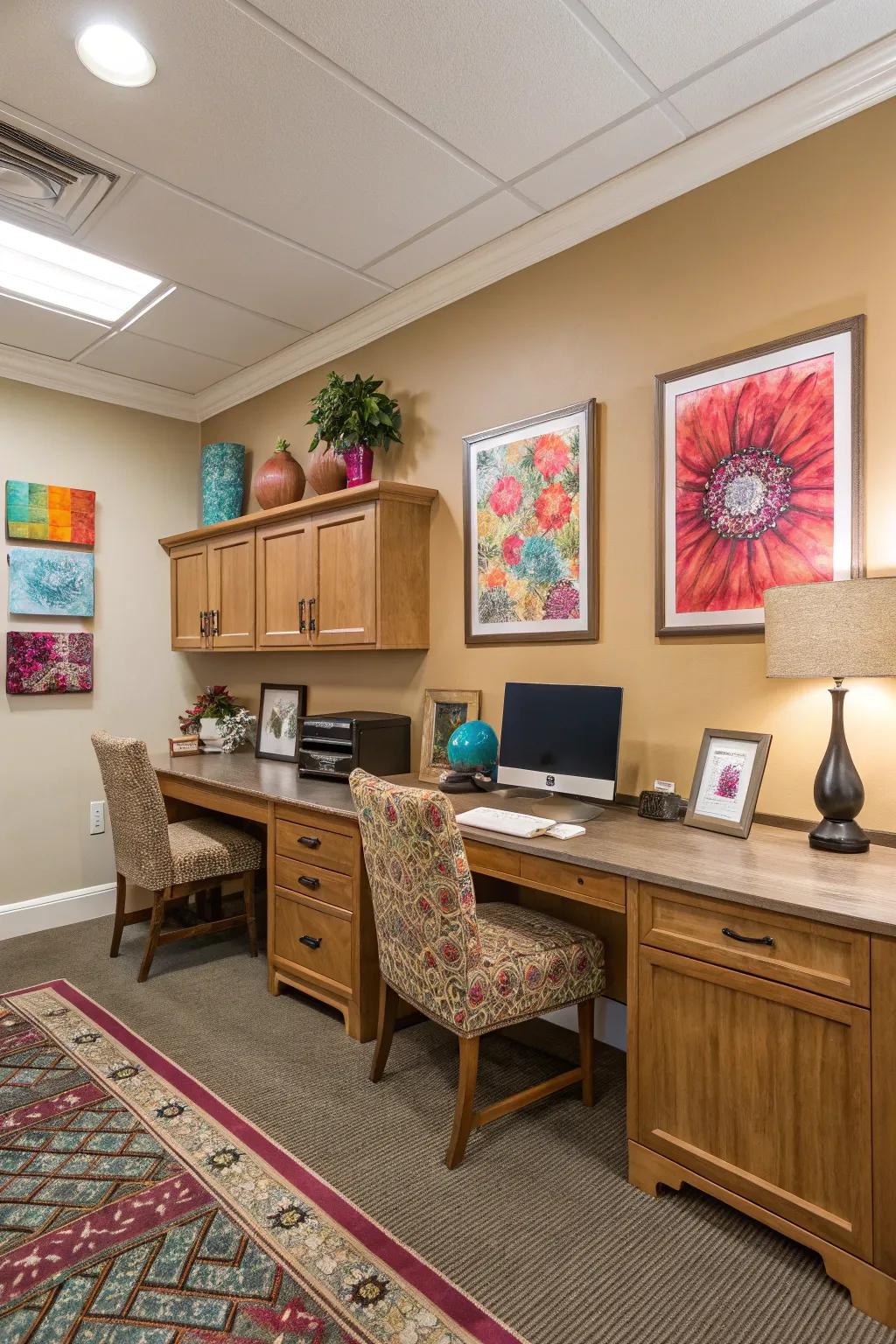 A dynamic color palette blending soft neutrals with lively pops of color.