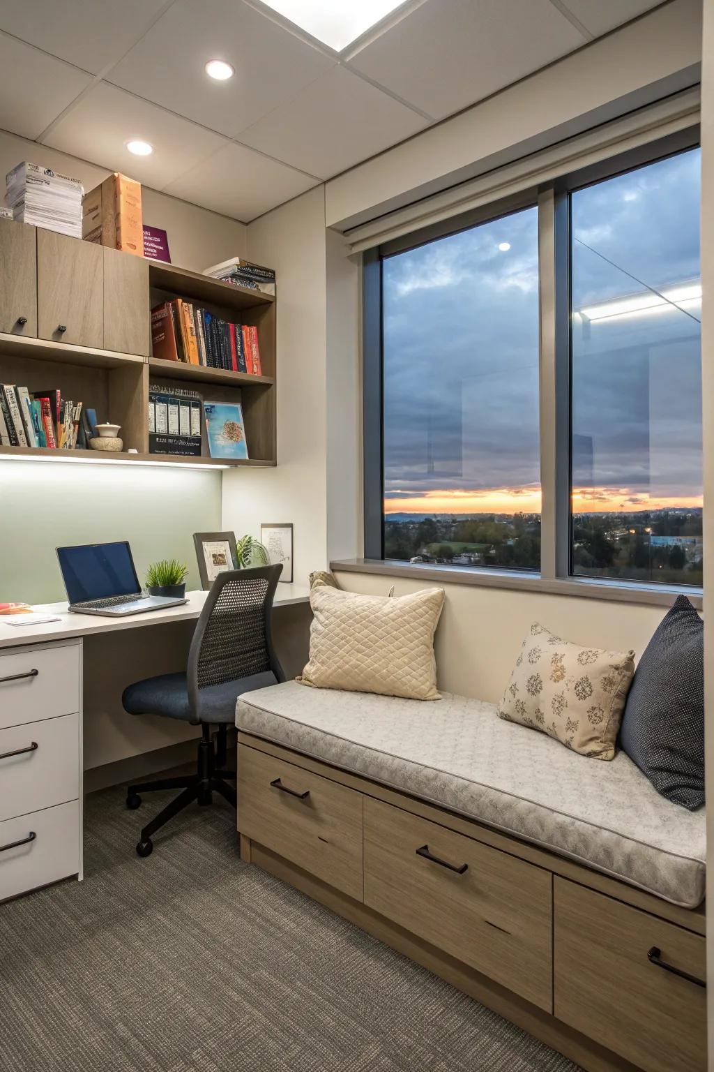 A built-in reading nook offers a cozy and private retreat within the office.