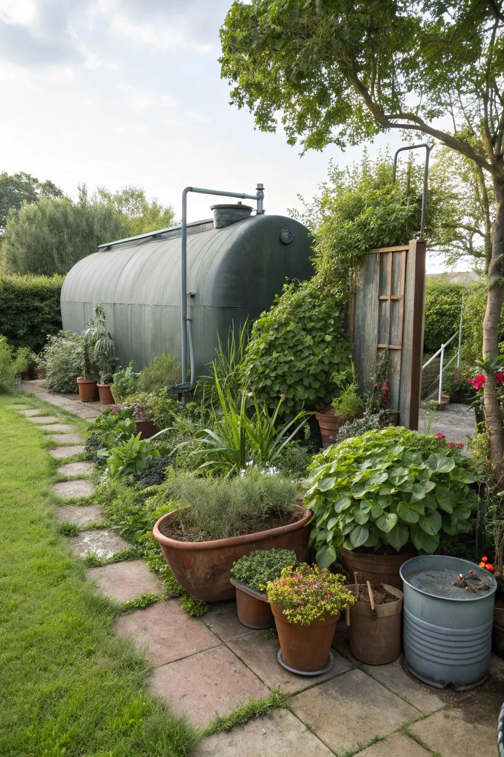 A fuel reservoir subtly concealed by a diverse collection of container plants.