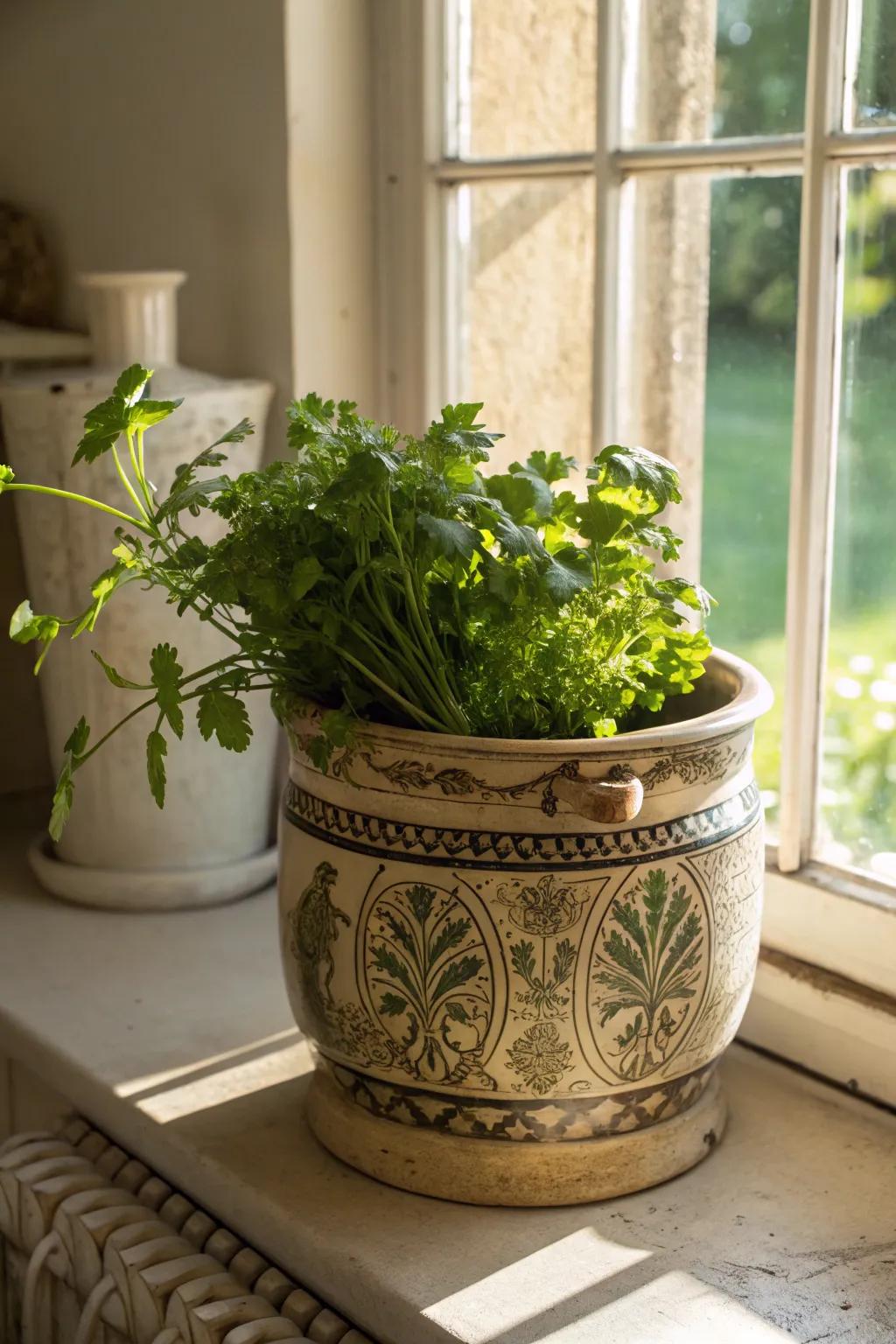 Brighten your cooking space with a vessel full of herbs.