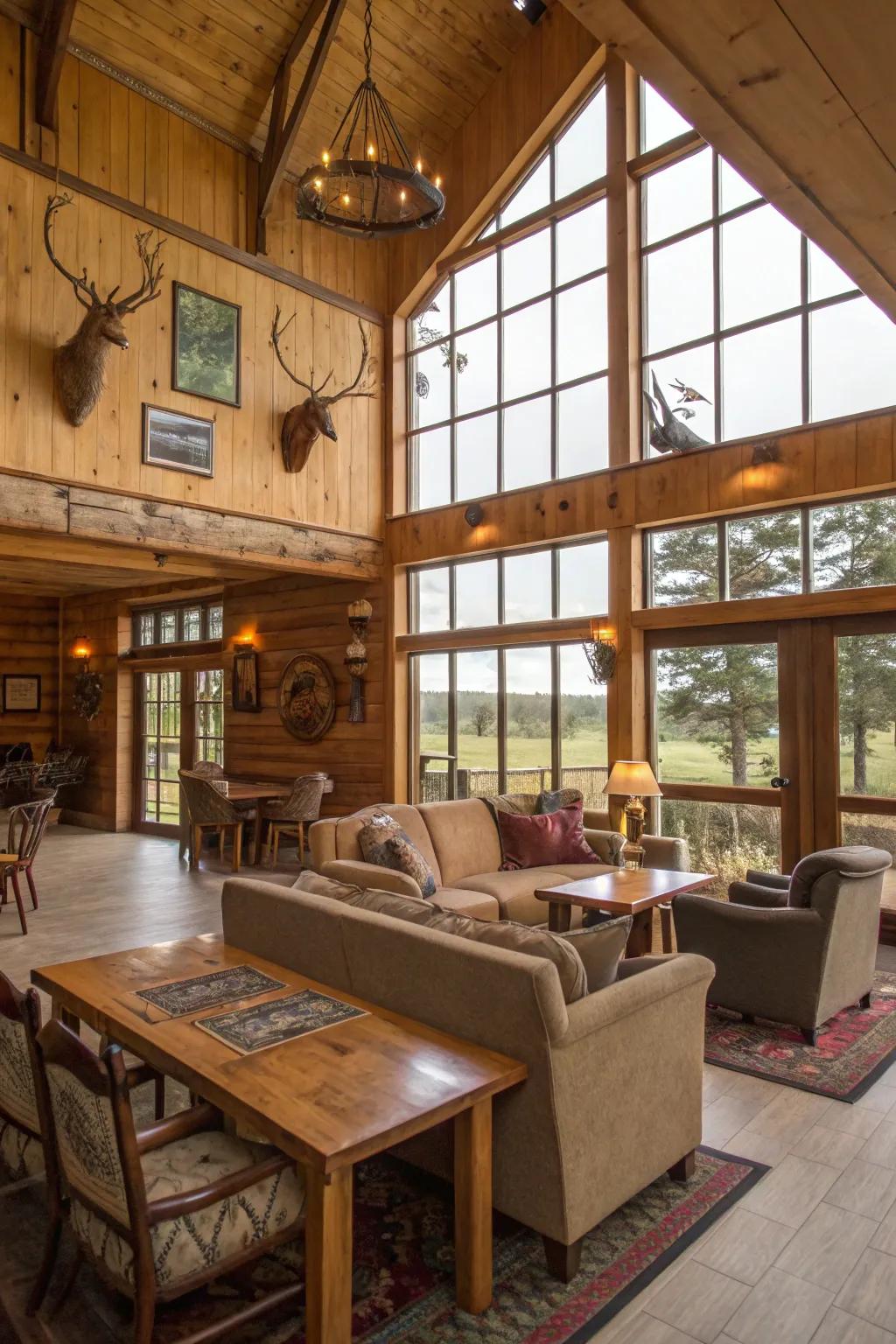 Open-plan hunting retreat interior showcasing social seating arrangements.