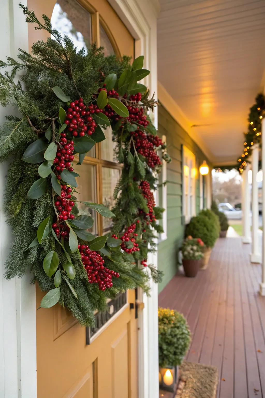 Joyful wreaths offer a warm welcome to holiday guests.
