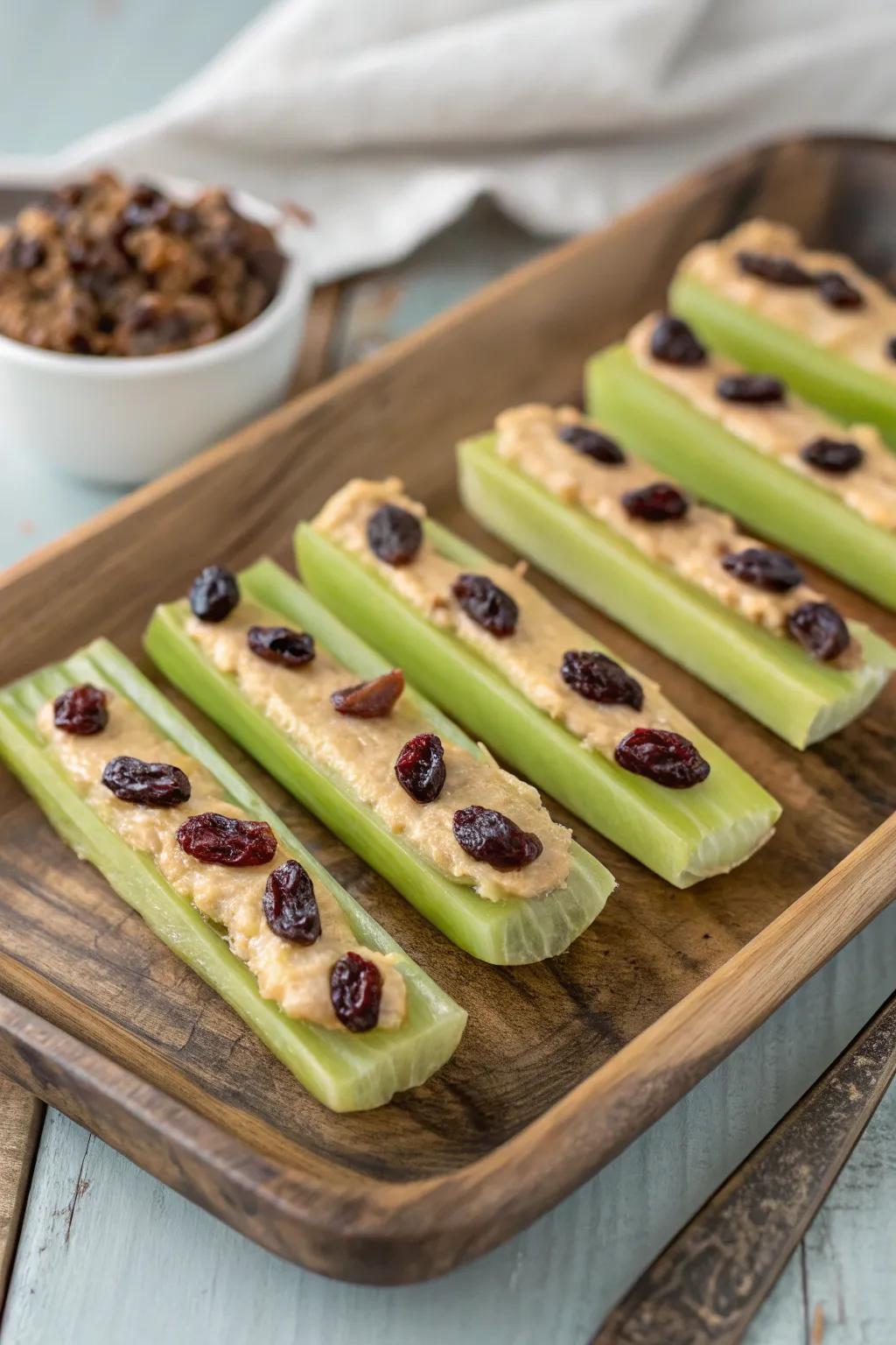 Ants on a log, a nostalgic and healthy snack option.