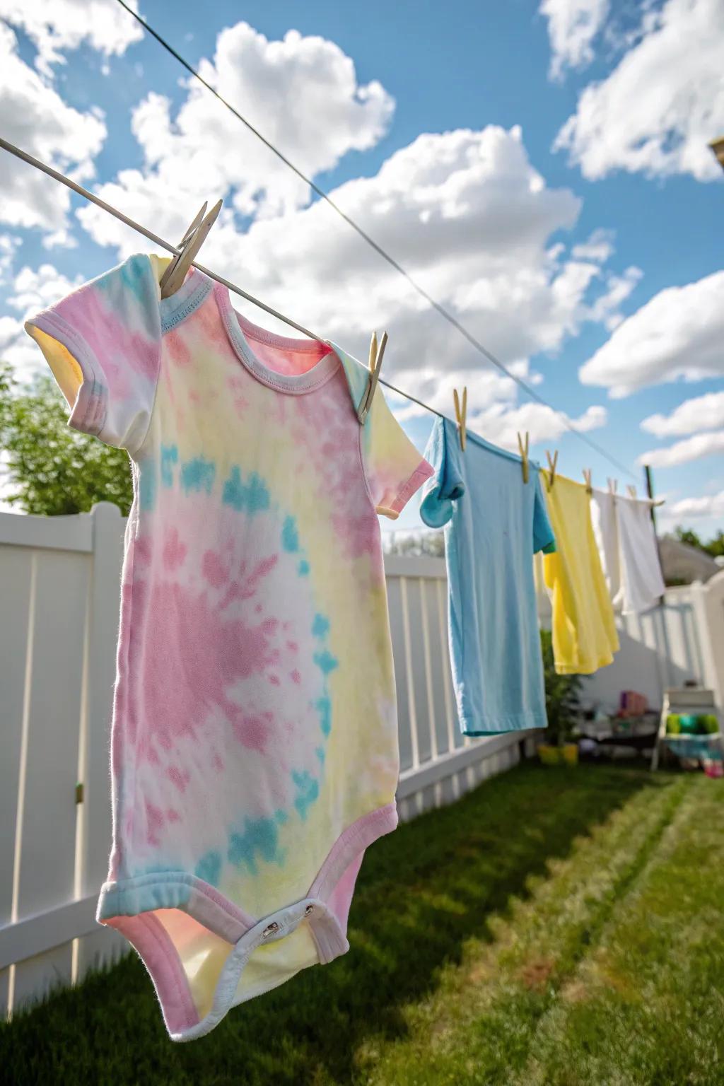 A free-spirited twist-dye onesie featuring pastel hues.