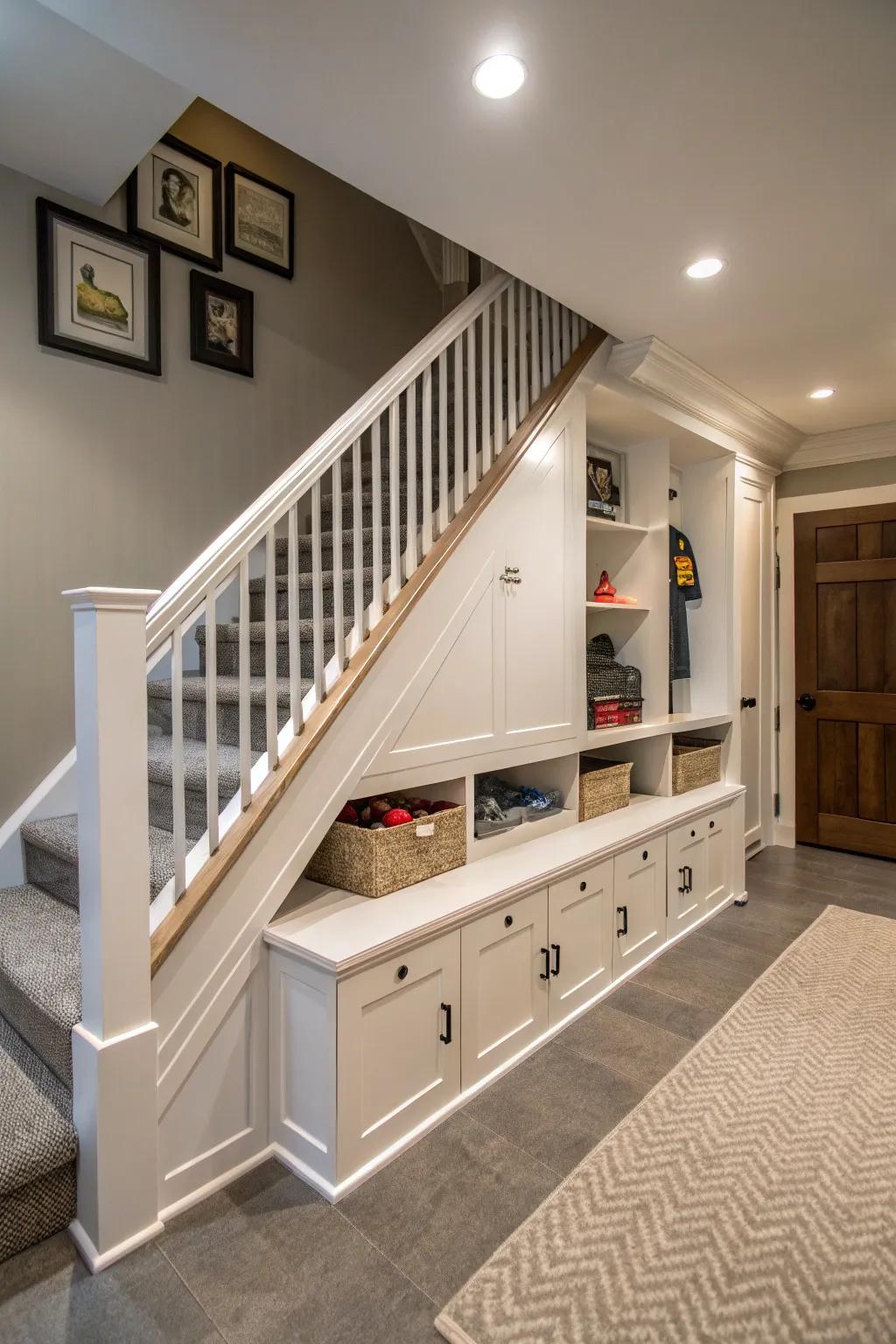 Integrated stowage beneath the steps maximizes space efficiently.