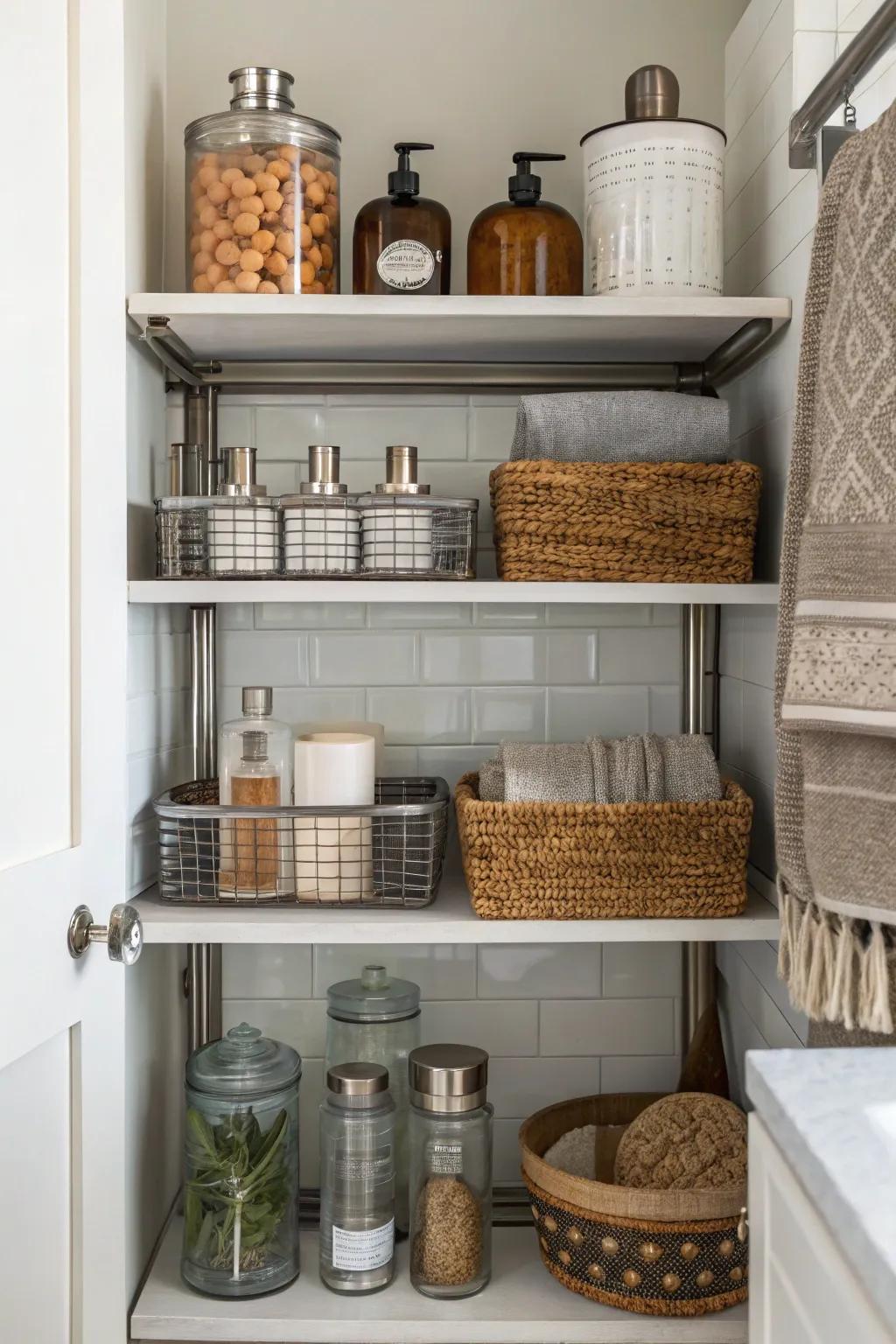 A blend of textures injects depth into open bathroom racking.