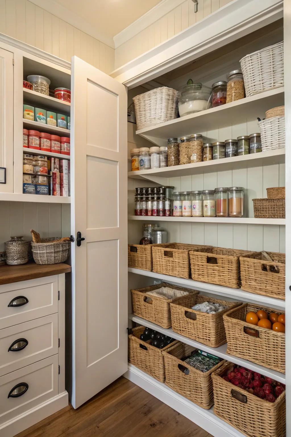 Combining open and closed storing generates a balanced pantry.