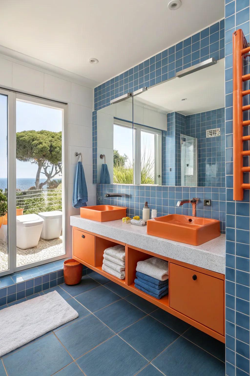 A striking citrus and azure palette in a contemporary bathroom.
