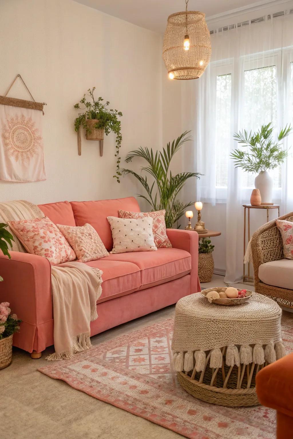 Mellow blush and coral hues offer warmth and calmness to this sitting space.