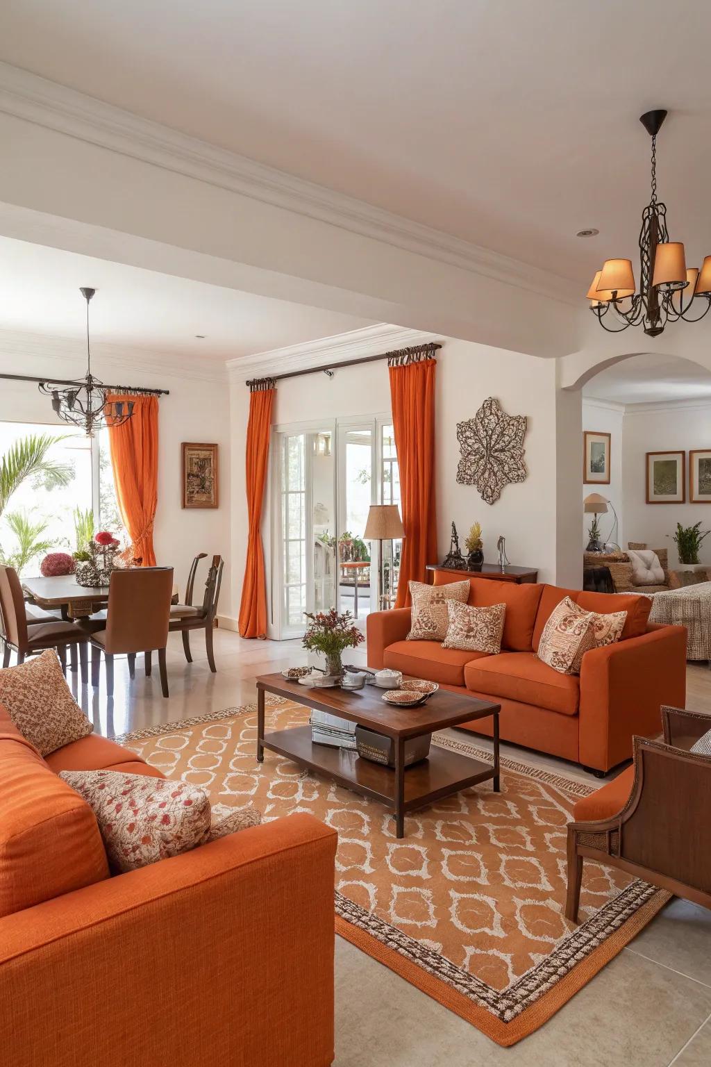 An open-plan living and dining space featuring cohesive coral decor.