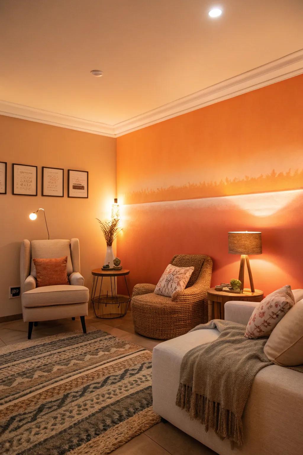 A room emanates warmth with its soothing tangerine ombre wall.