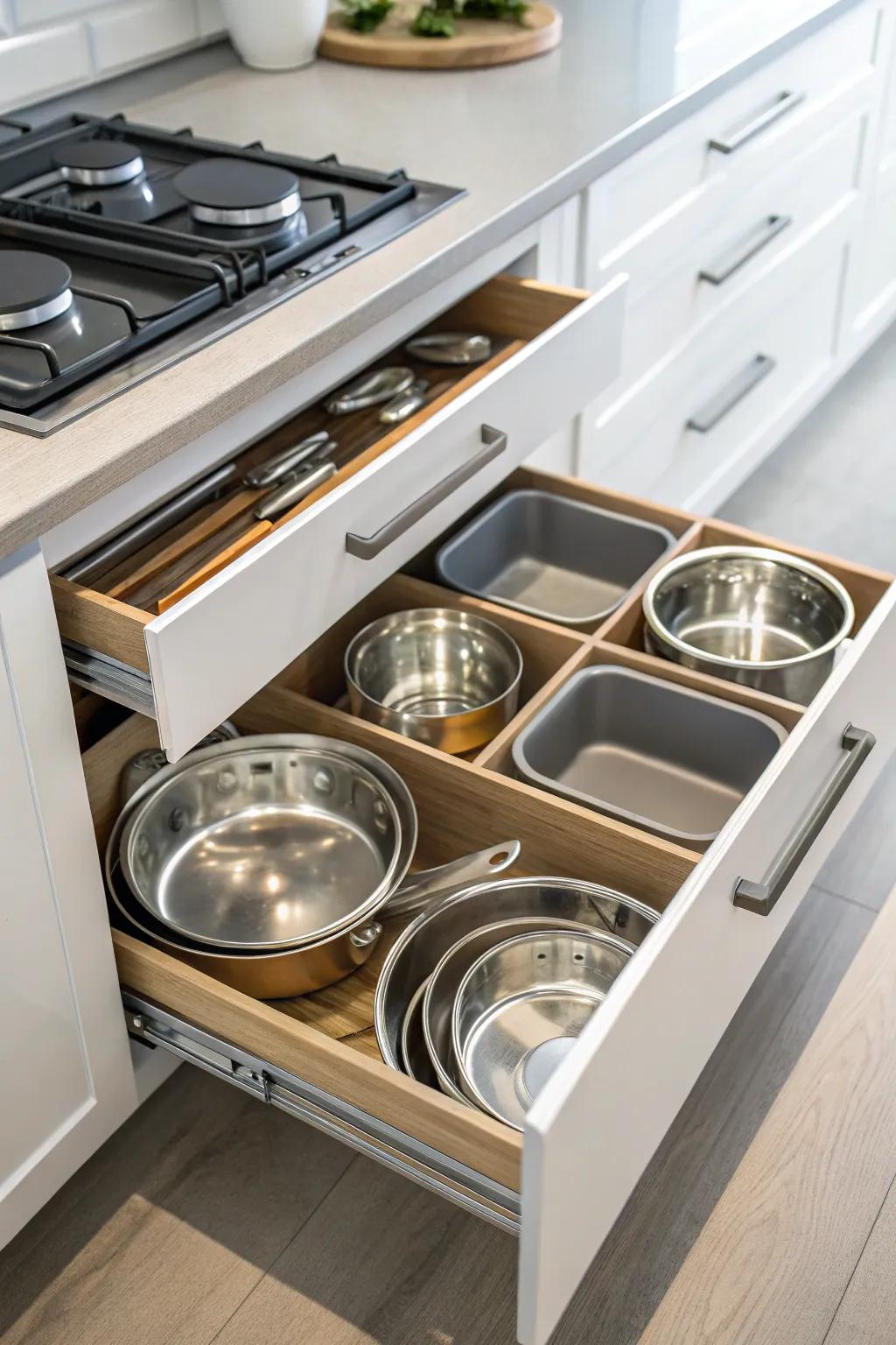 Drawer inserts keep cookware neatly arranged and protected.