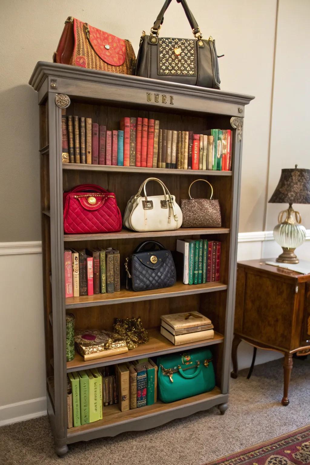 A creative and economical bag organizer is a bookcase that has been repurposed.