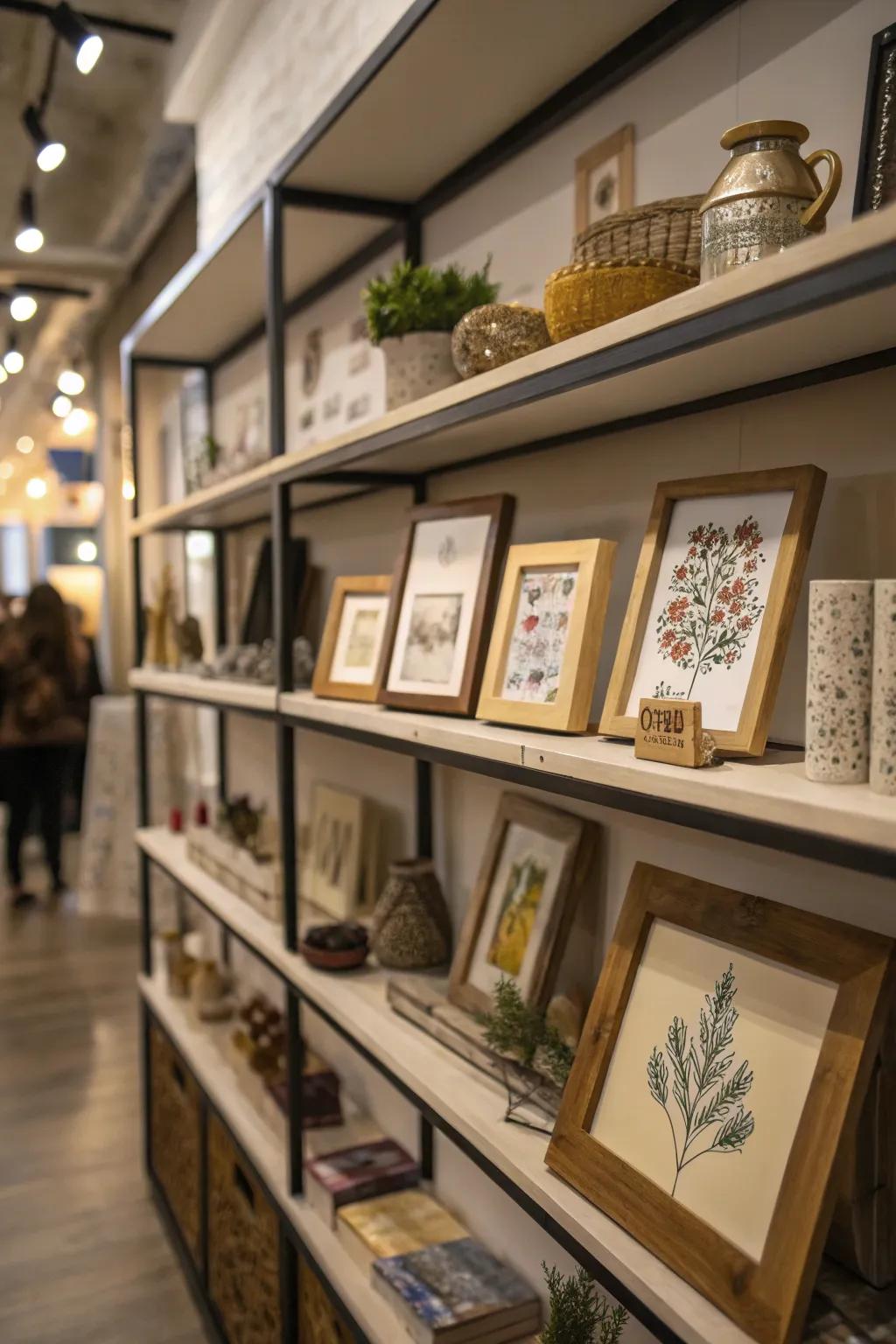 Artistic pieces introduce an artistic flair to shelf displays