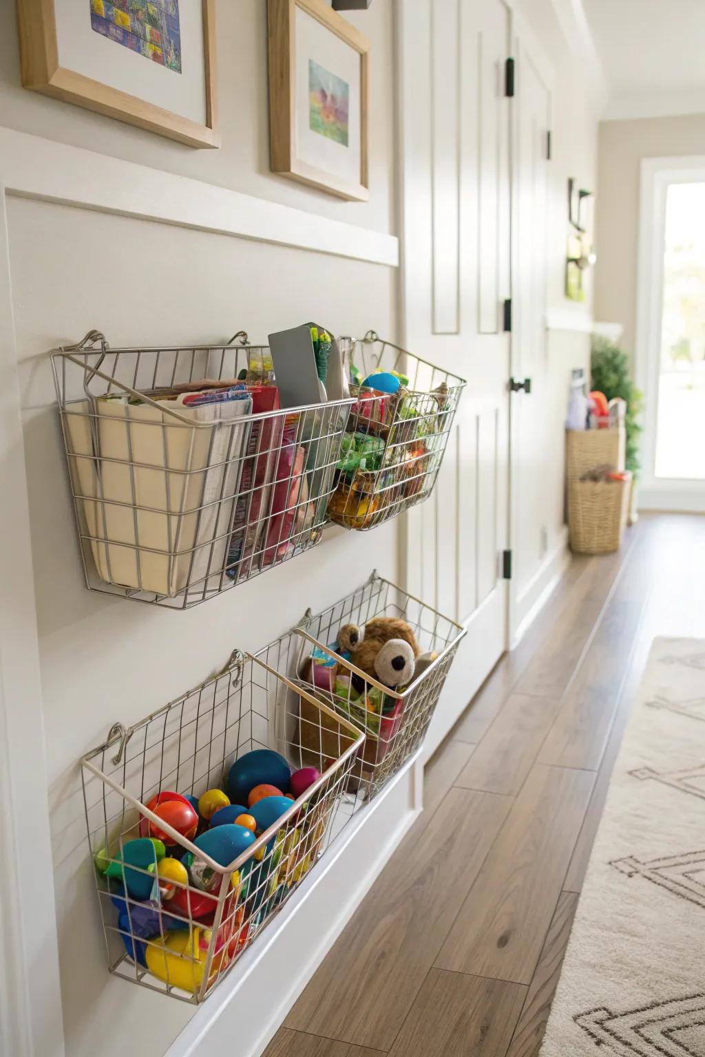 Effective storage is provided by wall-mounted baskets.