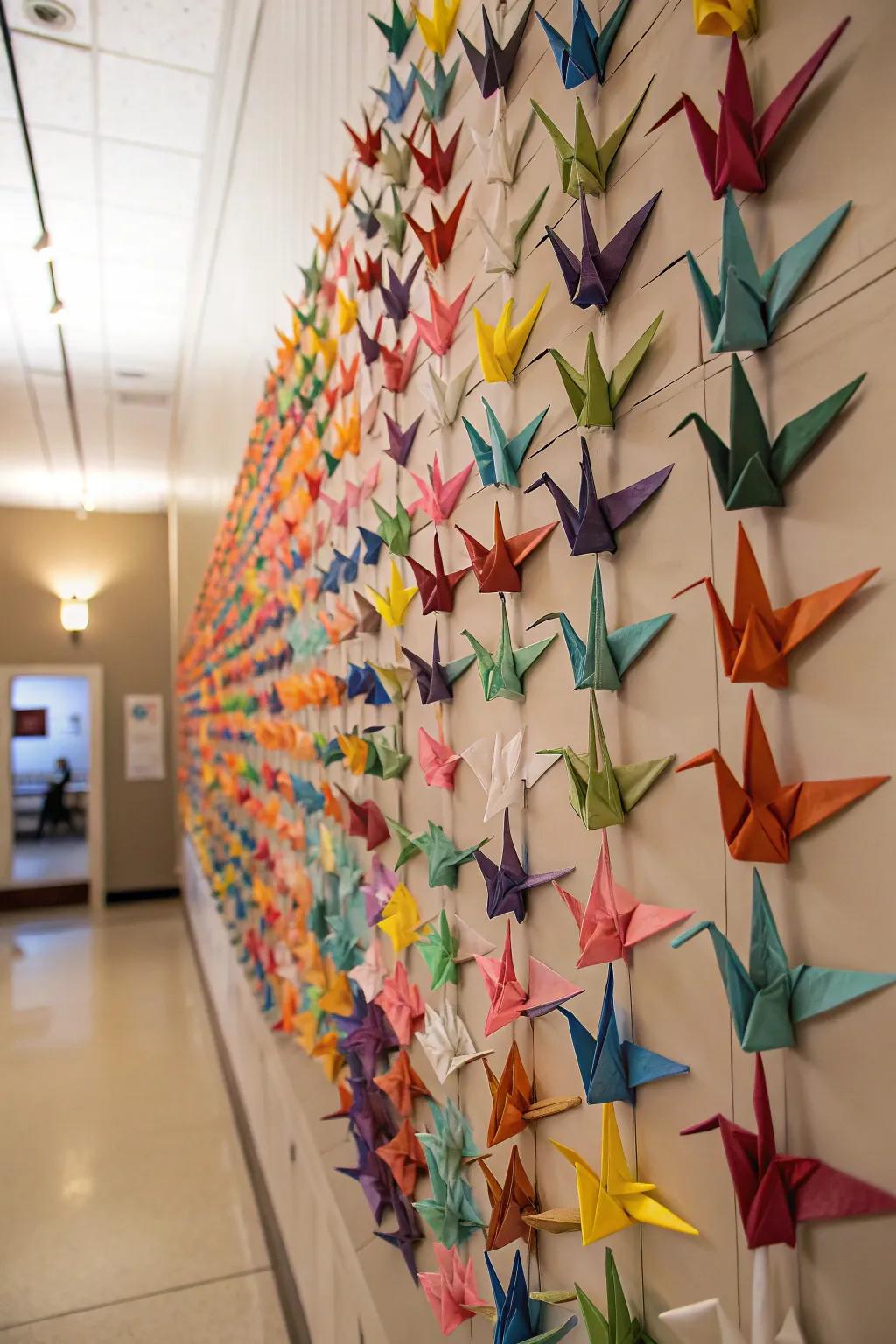 Arrangements of cranes forming wall art.