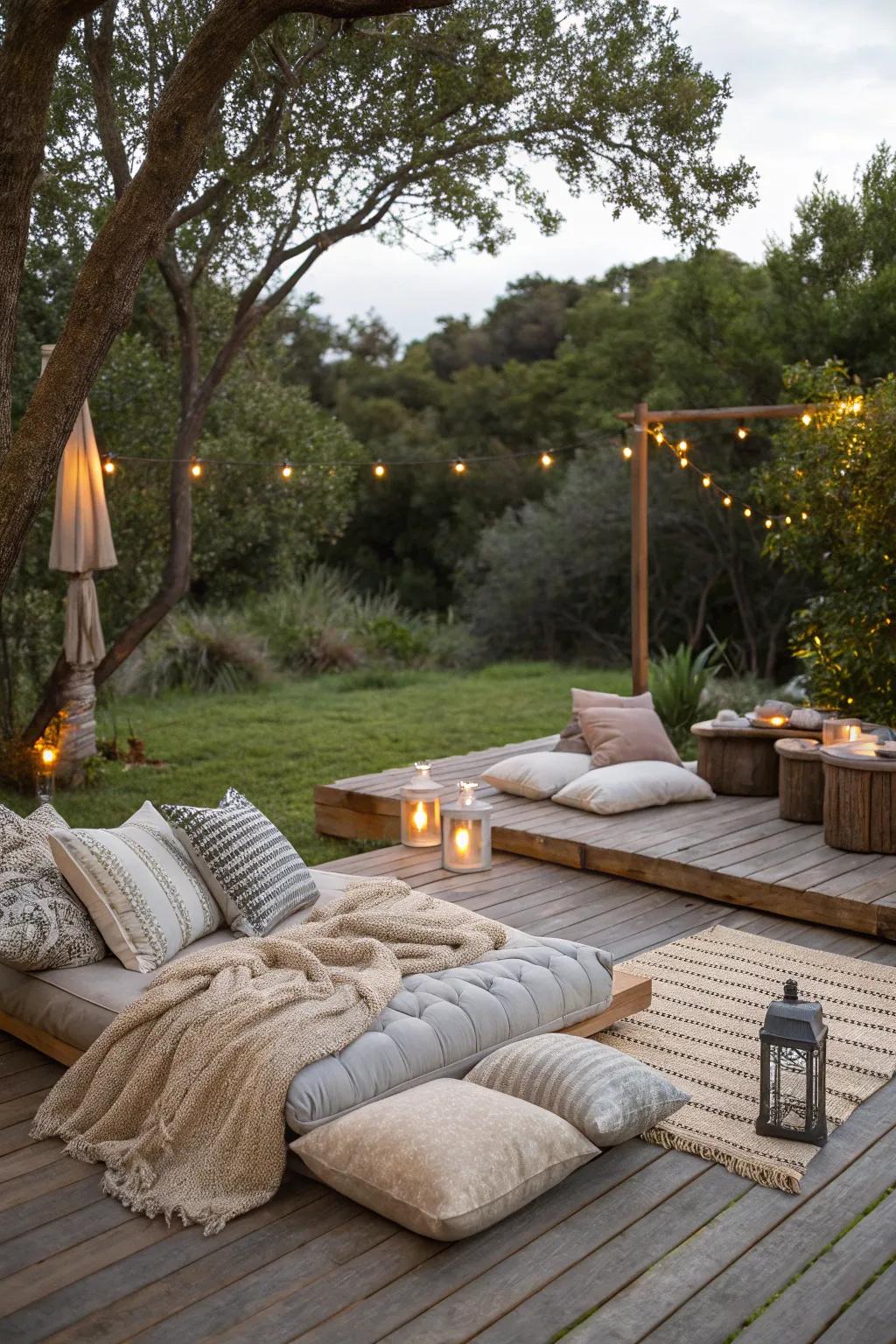 Inviting seating featuring cushions and coverings encourages visitors to relax.