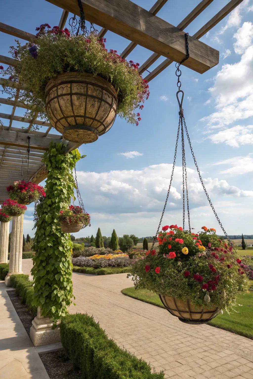 Suspended baskets bring vertical beauty to the garden.