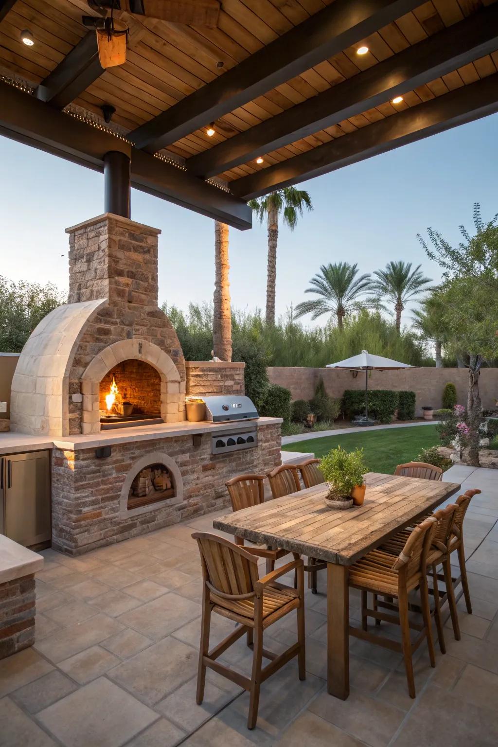 A pizza oven adds a unique culinary experience.