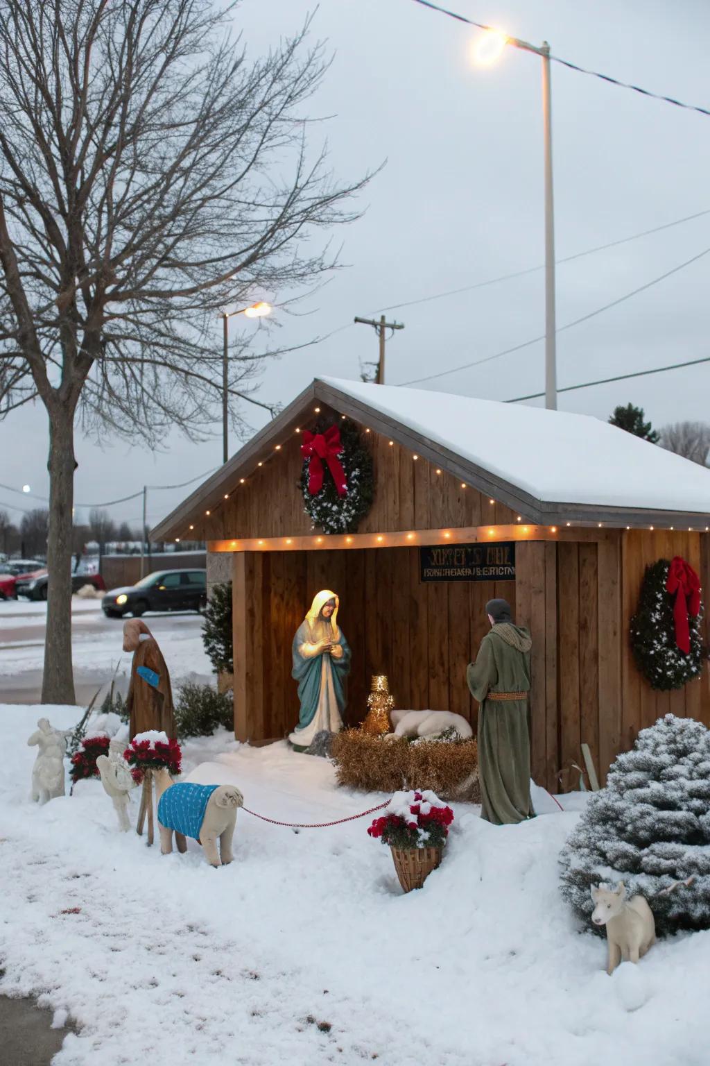 Conceptualize a winter wonderland with seasonal ornamentation.