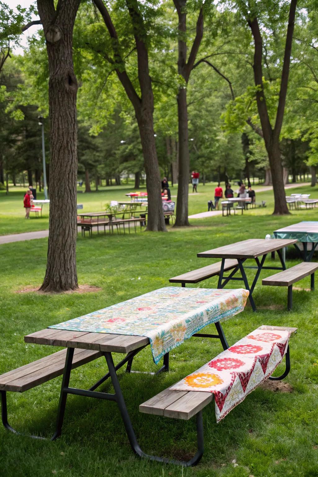 Eye-catching table accents introduce personality and flair to park picnics.
