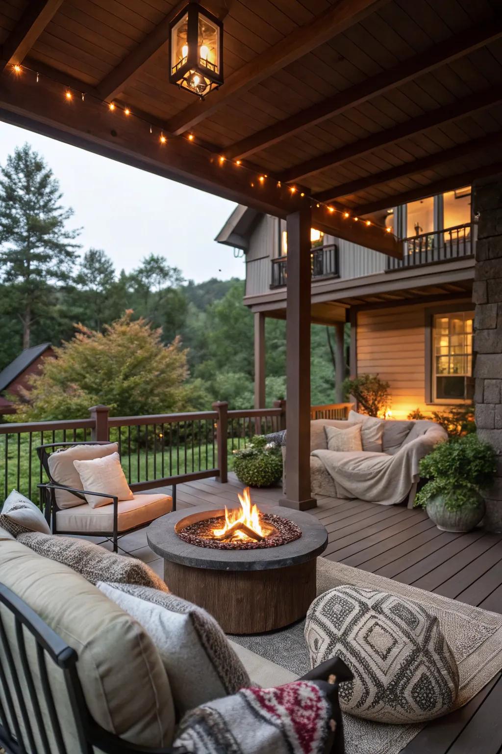 A cozy fire pit becomes the heart of this inviting porch.