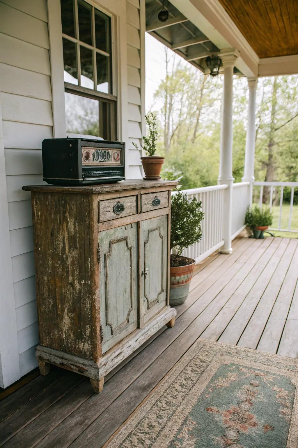 Aged cabinets offer an inviting and cozy sensation to outdoor areas.