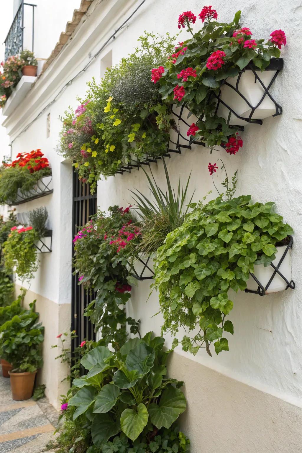 Craft a vibrant display using mixed flora and flowers.