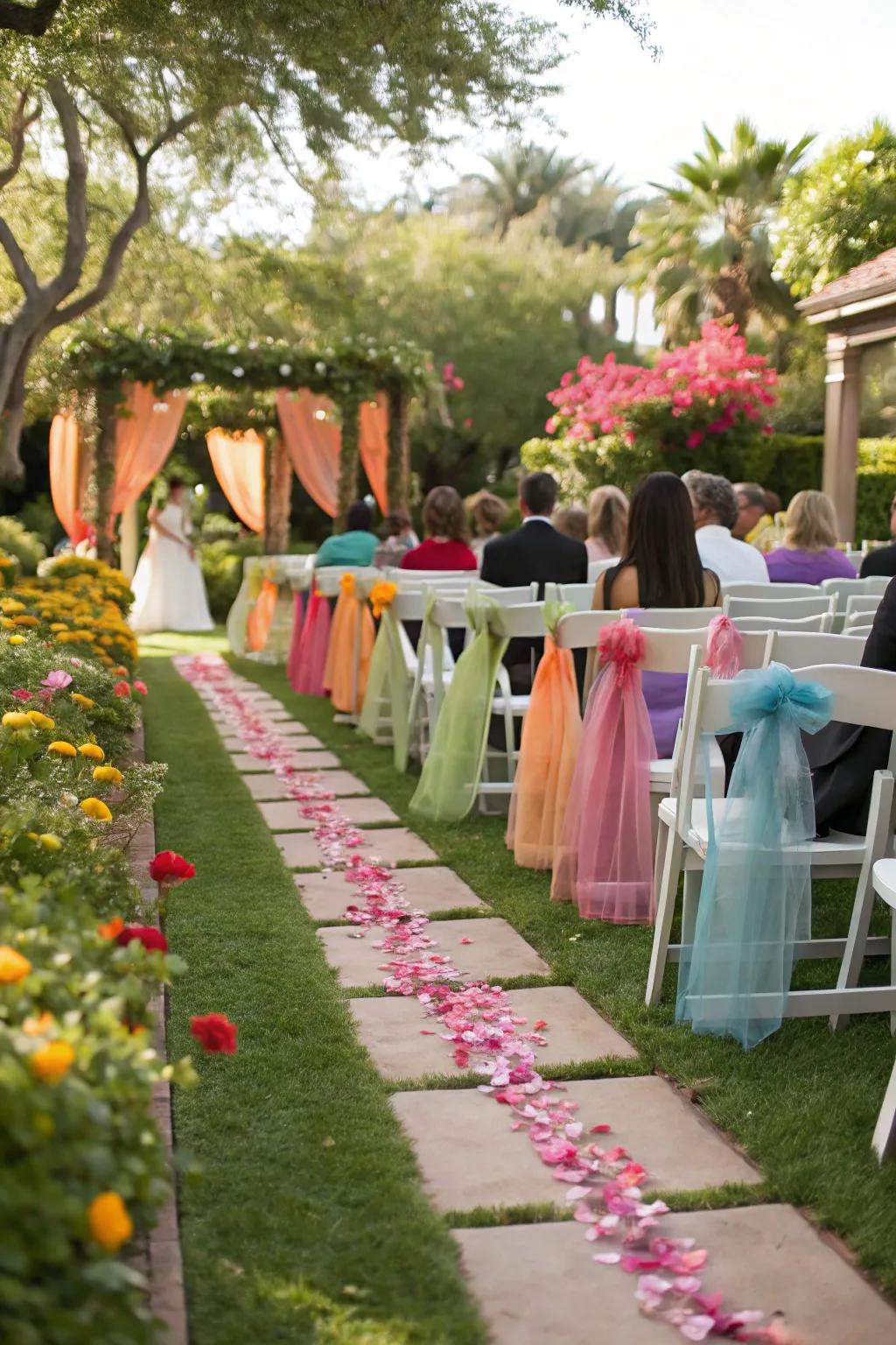 Vibrant seating fabrics inject vibrancy into the wedding aisle.