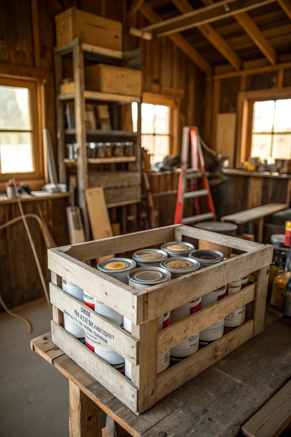 Custom timber crate designed for storing paint cans.
