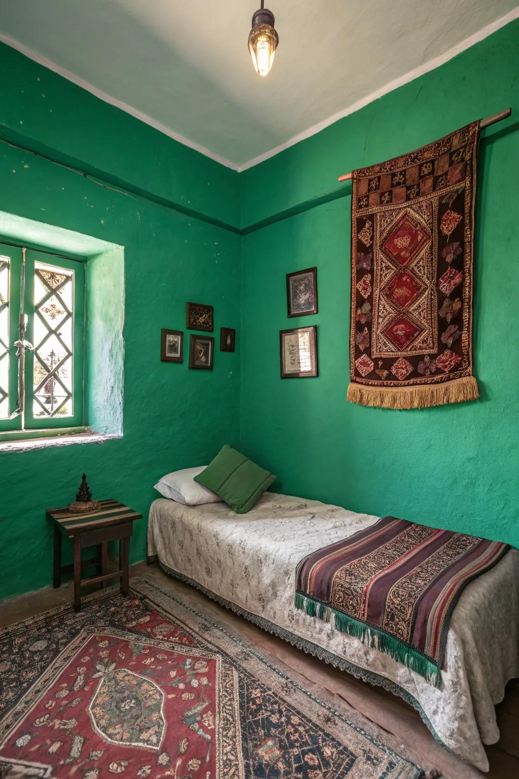 Gem tones get a dash of grandeur and depth to your small bedroom.