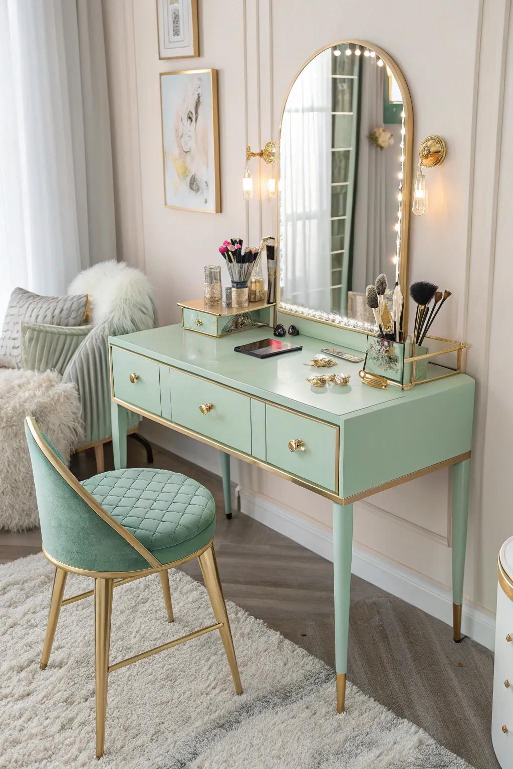 A mint and gold vanity desk adds chic sophistication to your space.