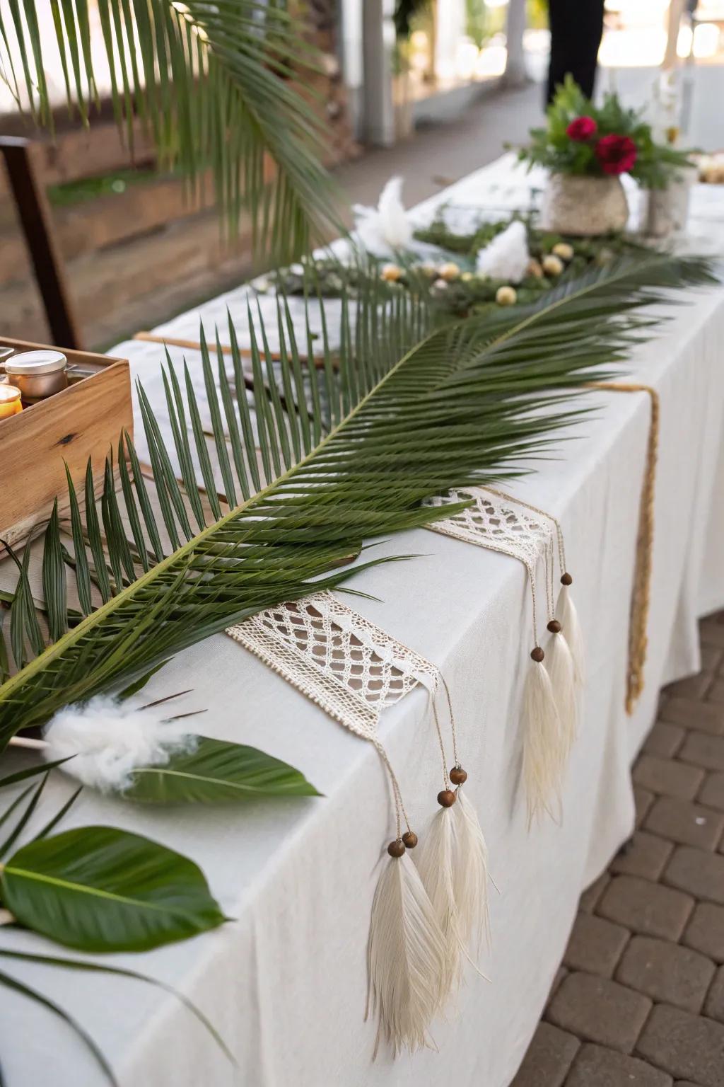 Boho features complement leafy fronds for a free-spirited vibe.