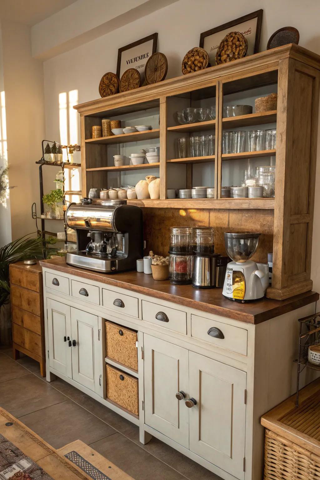 Vintage furniture adds charm and character to a coffee bar.