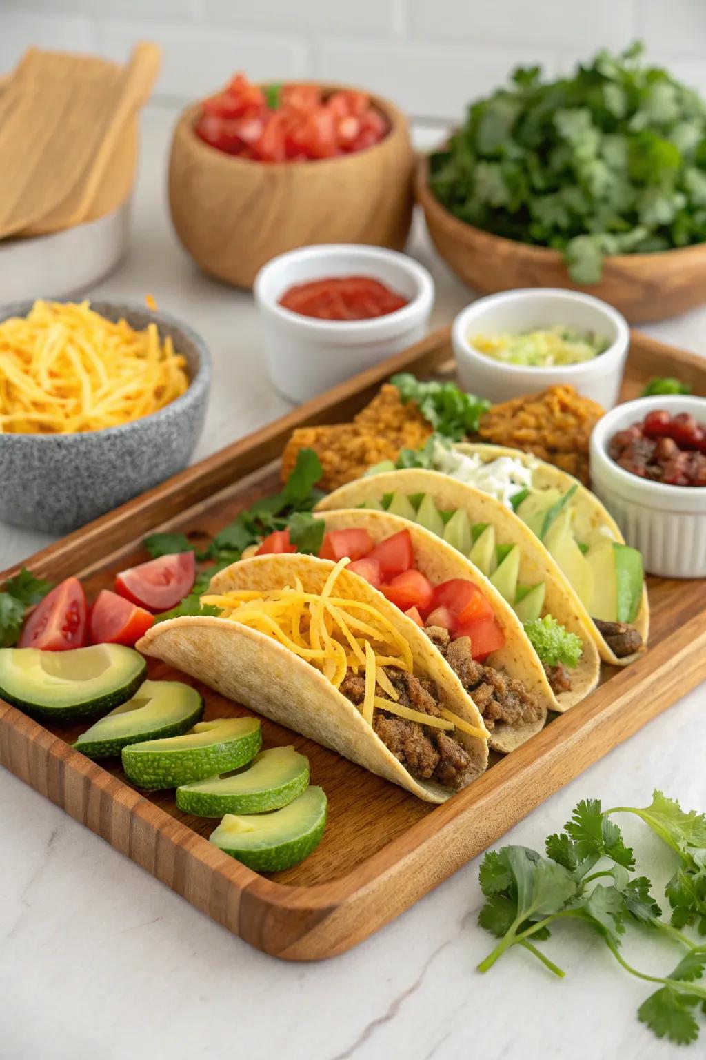 A colorful taco tray that encourages culinary exploration.
