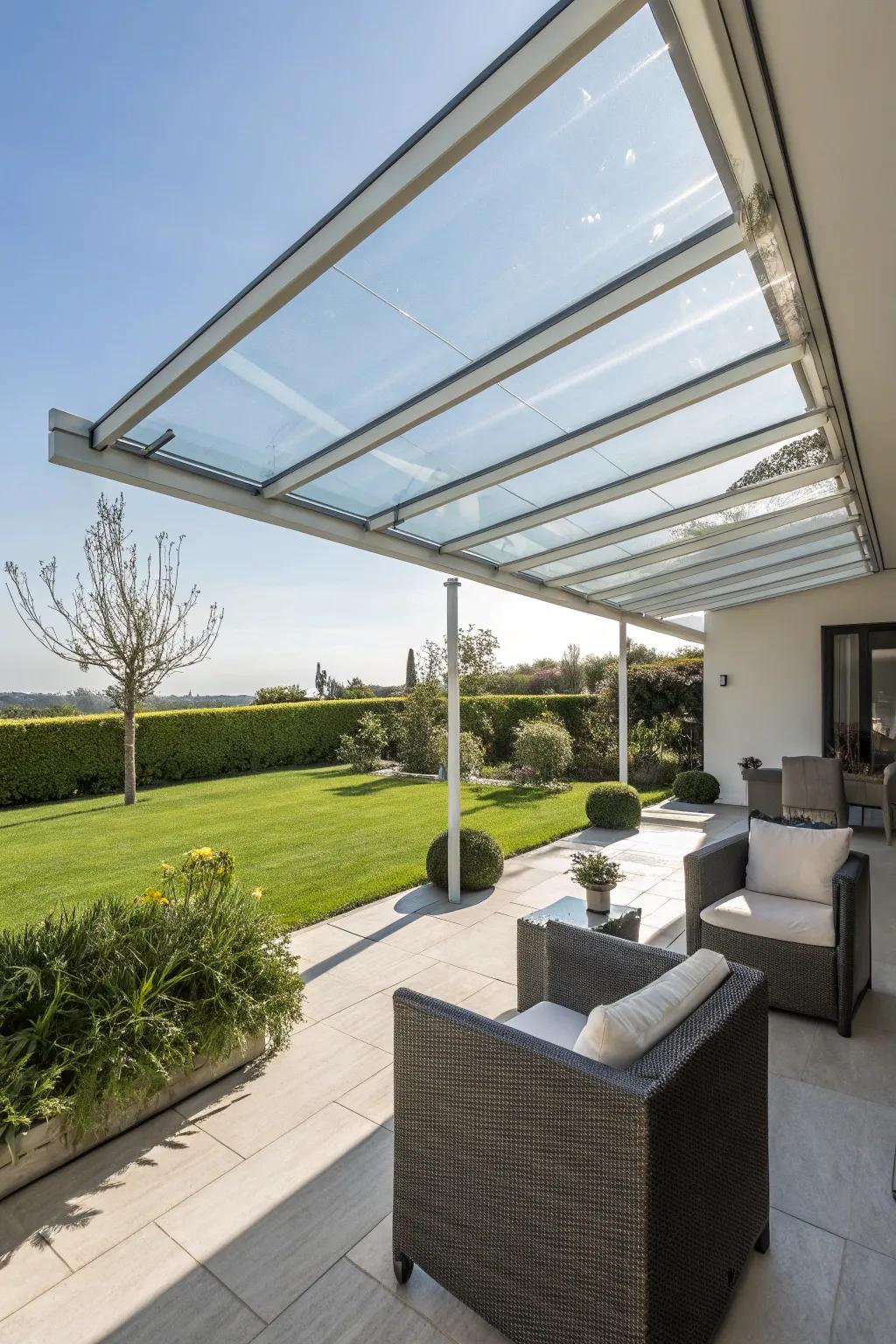 Glass awnings merge modern style with practical light and weather protection.