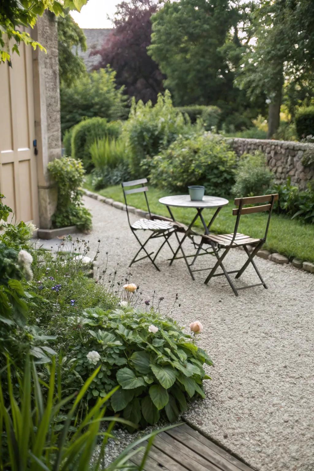 A gravel patio with simple, rustic outdoor furniture.