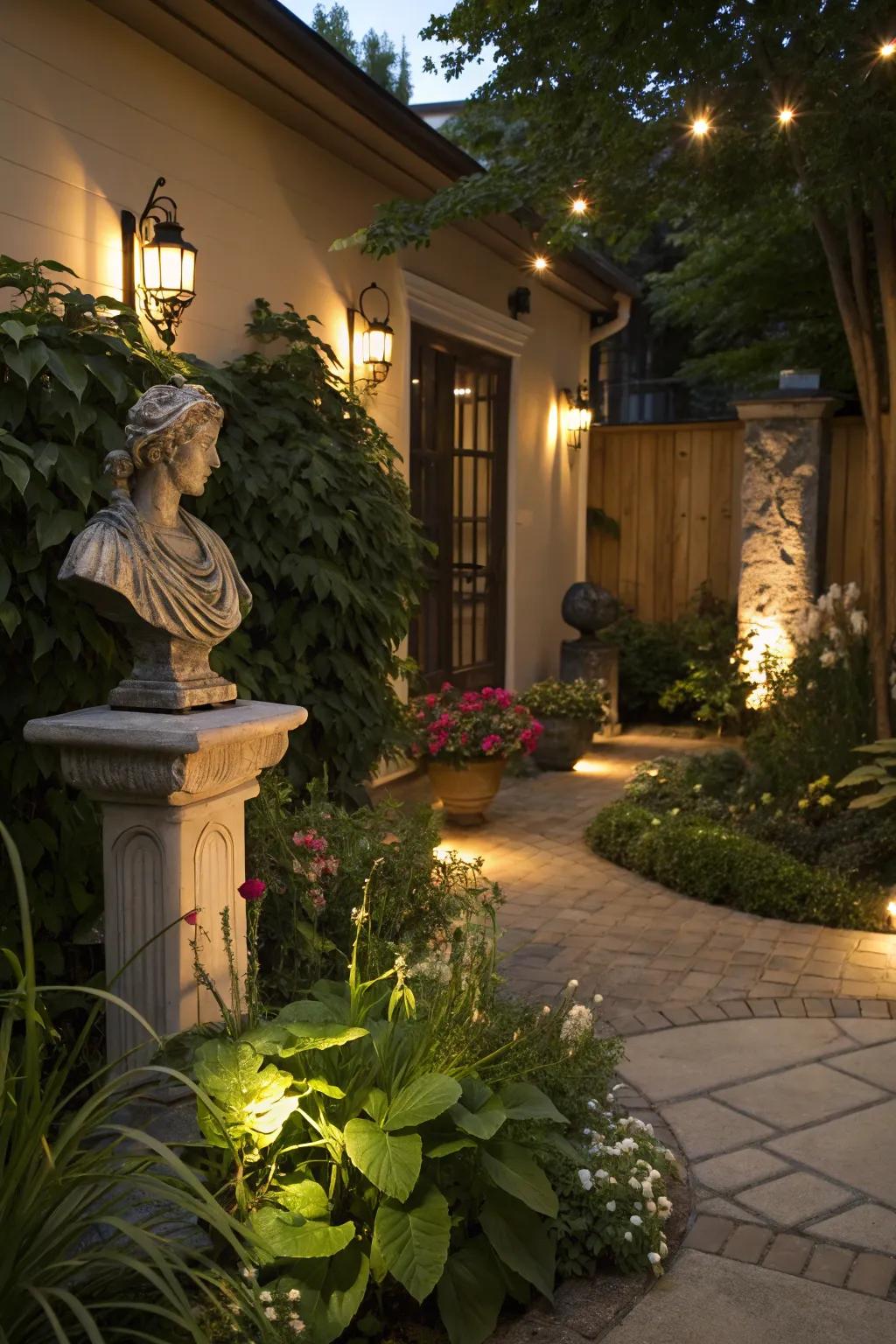 Emphasis lighting introduces depth and highlights stunning garden features.
