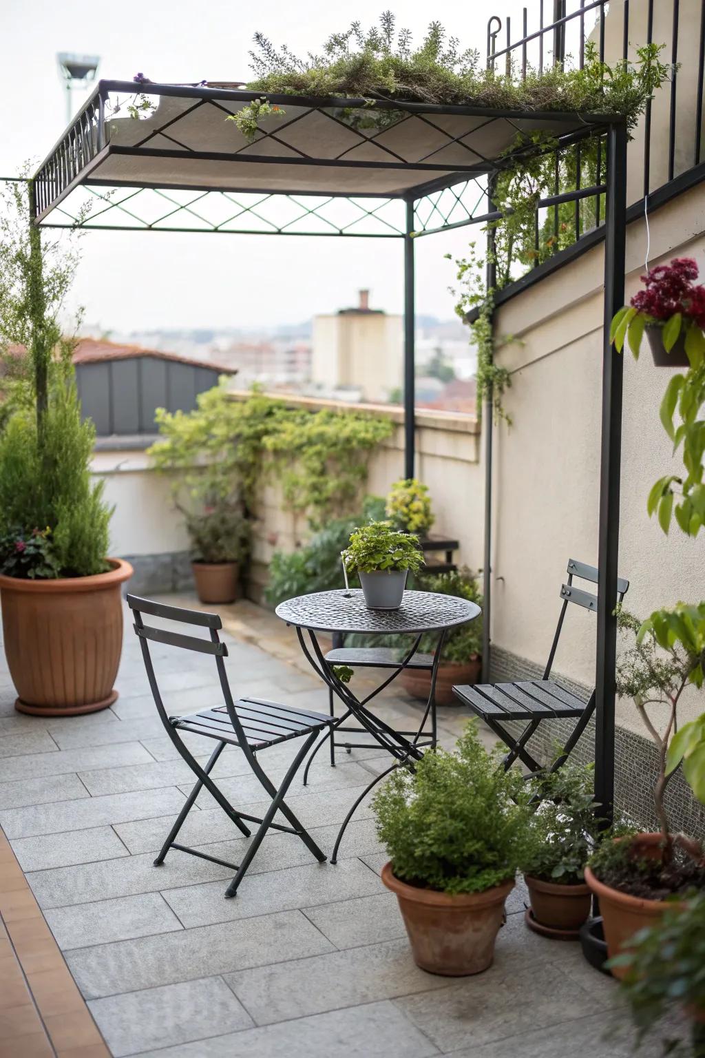 An efficient layout maximizes space on a small patio.