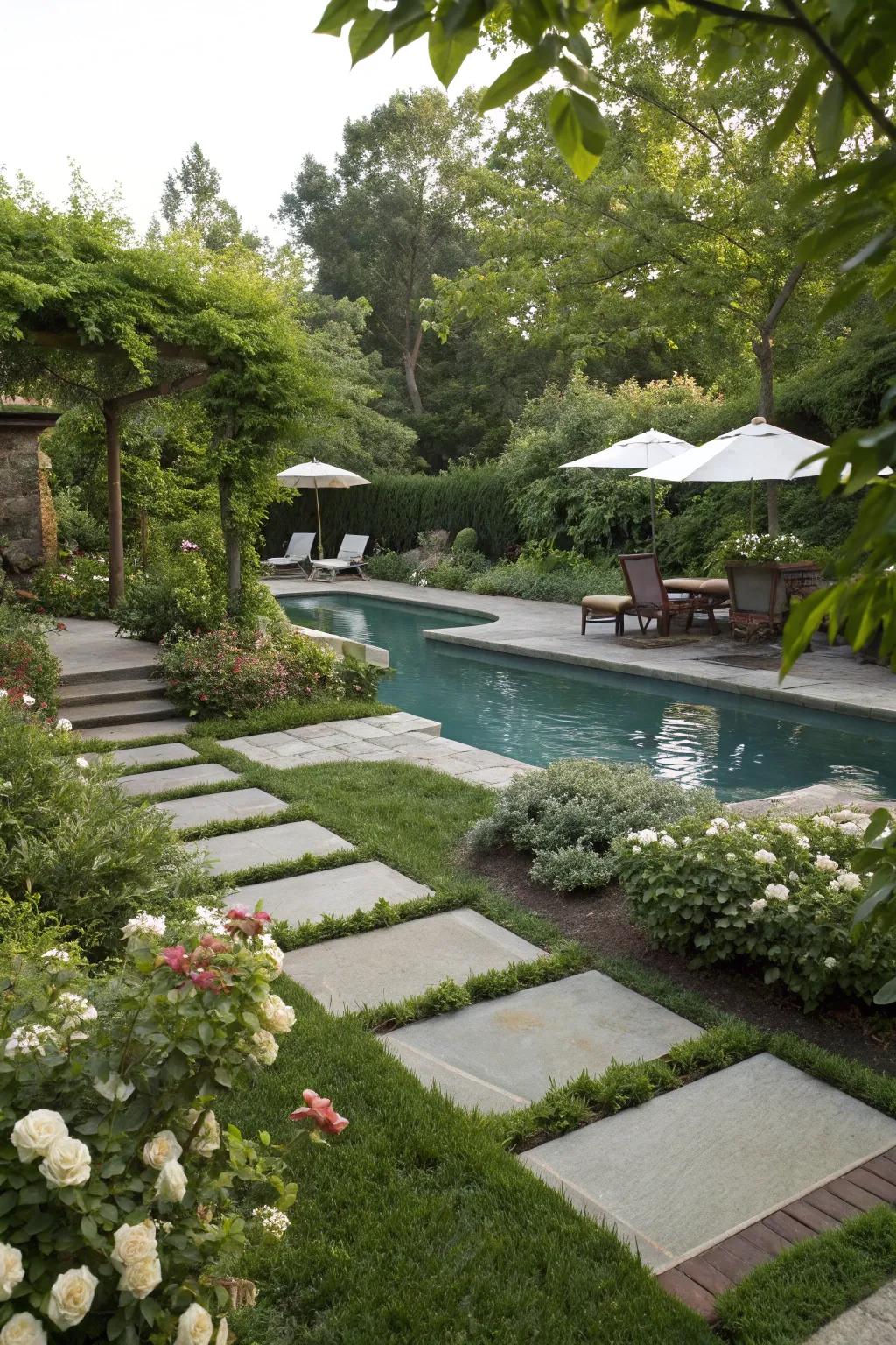 Pathway slabs craft an enchanting route to the pool.