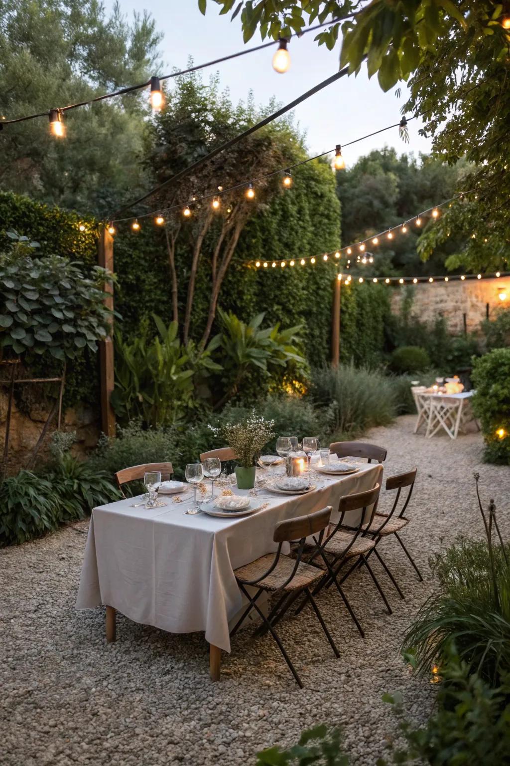 Stylish outdoor eating under shimmering lights.