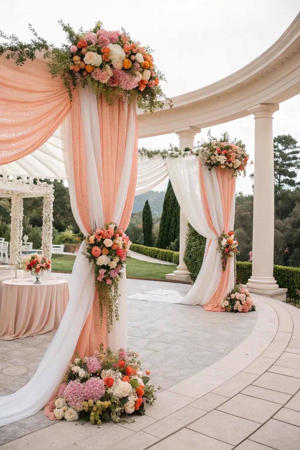 Gentle and sophisticated peach and snow drapery for sophisticated venues.