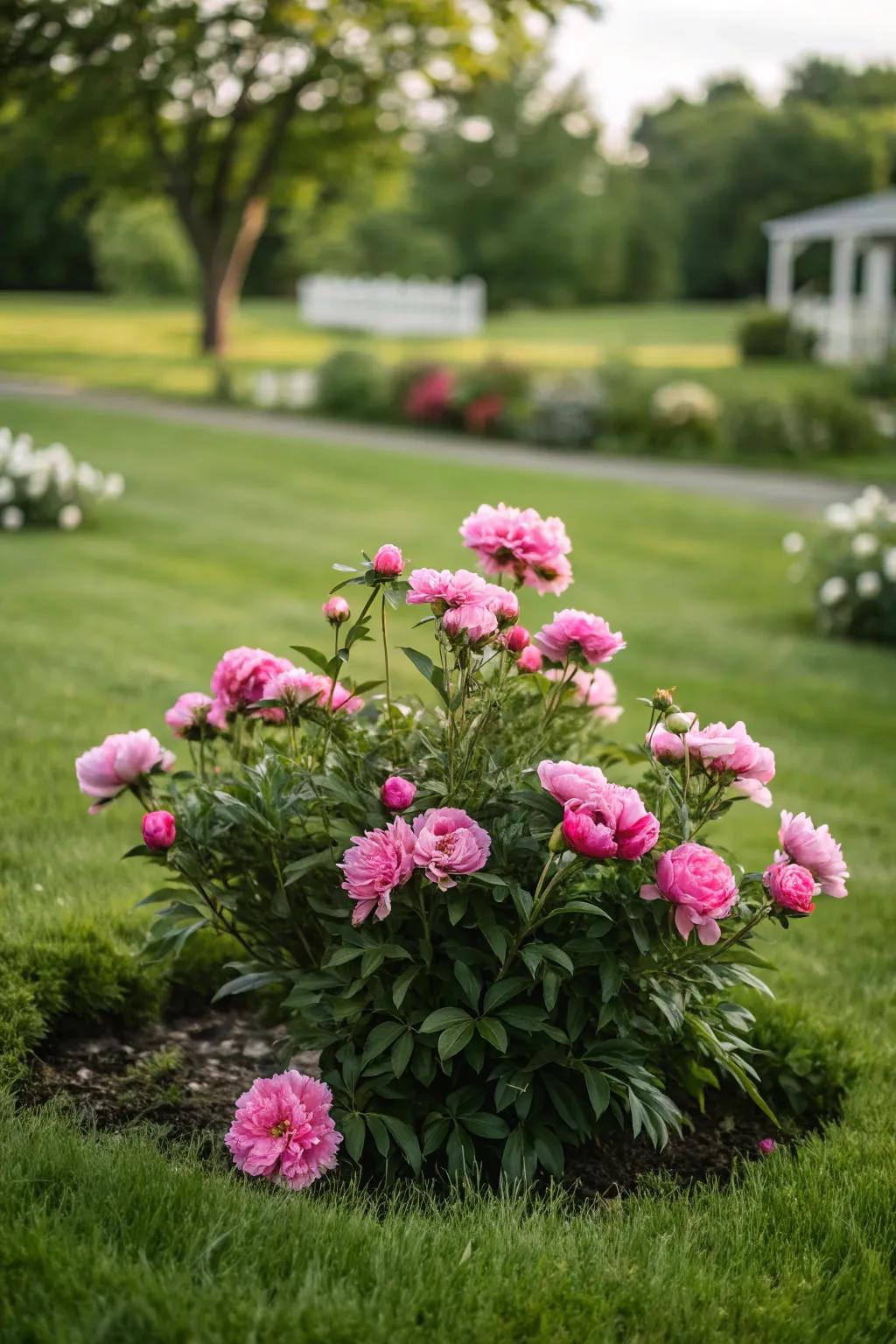 A striking peony patch acts as a central garden attraction.